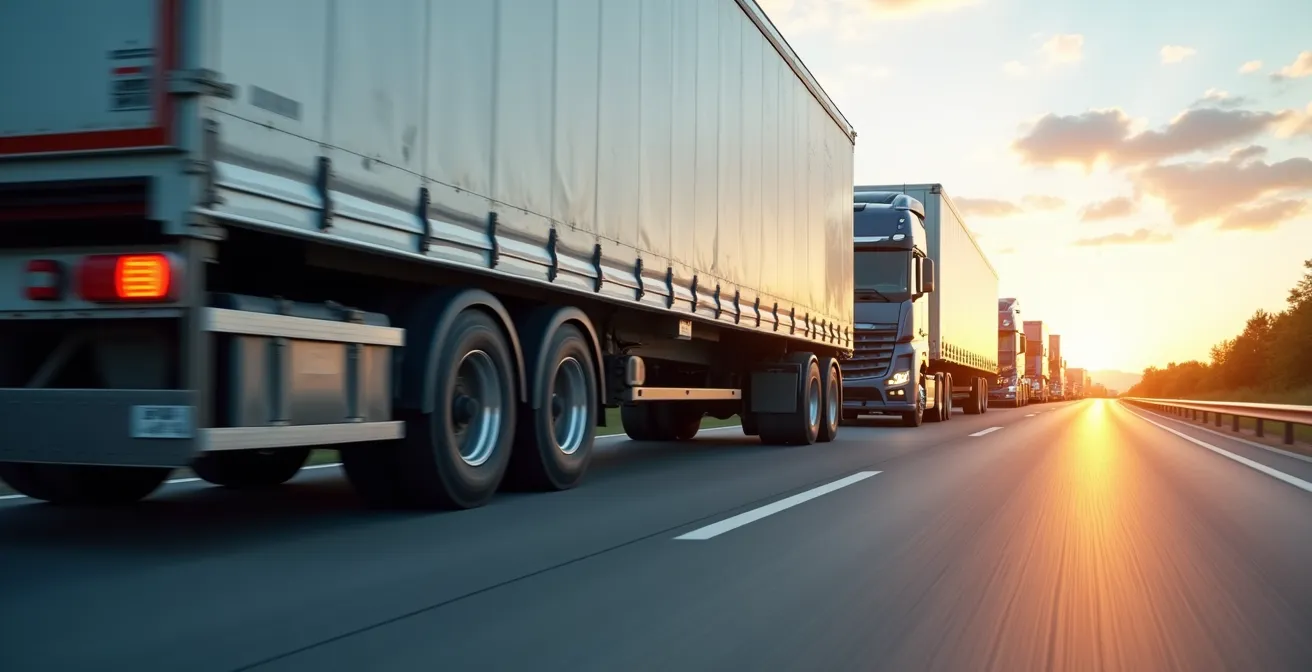 Flotte de camions avec pneus à faible résistance et dispositifs avancés de gestion de vitesse dans un contexte routier réaliste