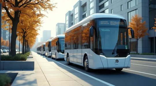 Photo réaliste d'une flotte de véhicules électriques de transport modernes dans un environnement urbain propre, avec un éclairage cinématographique naturel et un cadre équilibré selon la règle des tiers, mettant en valeur la transition énergétique dans le secteur des transports