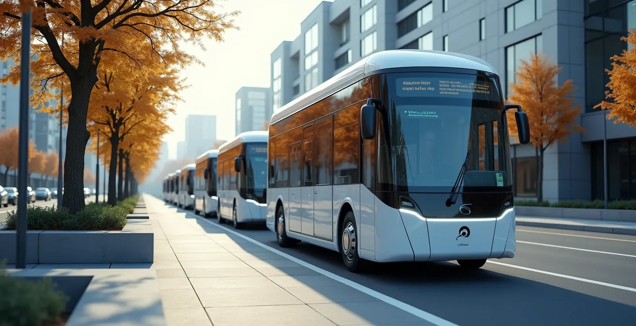 Photo réaliste d'une flotte de véhicules électriques de transport modernes dans un environnement urbain propre, avec un éclairage cinématographique naturel et un cadre équilibré selon la règle des tiers, mettant en valeur la transition énergétique dans le secteur des transports