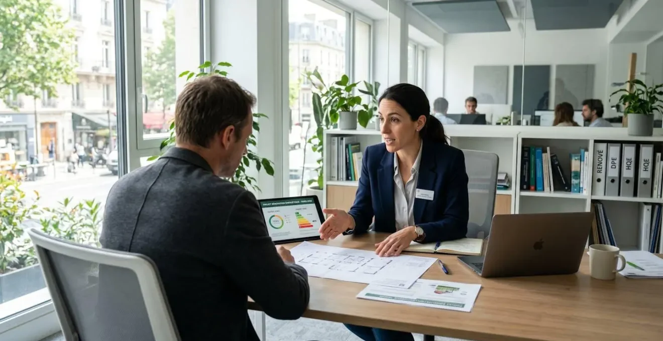 Un conseiller en rénovation énergétique explique un projet à un client vu de profil, dans un bureau moderne lumineux, lors d'une interaction naturelle