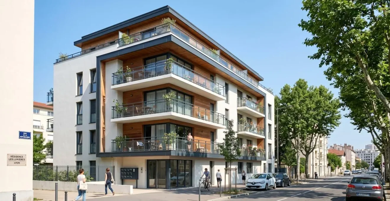 Façade d'une copropriété résidentielle française de six étages avec balcons, architecture contemporaine des années 2010, par une journée ensoleillée