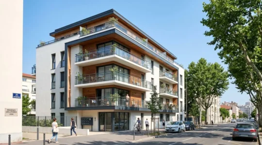 Façade d'une copropriété résidentielle française de six étages avec balcons, architecture contemporaine des années 2010, par une journée ensoleillée