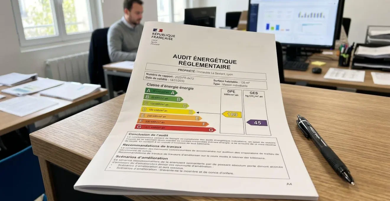Vue rapprochée d'un rapport d'audit énergétique posé sur un bureau, montrant un graphique de performance énergétique avec des classes DPE colorées, l'arrière-plan est flouté