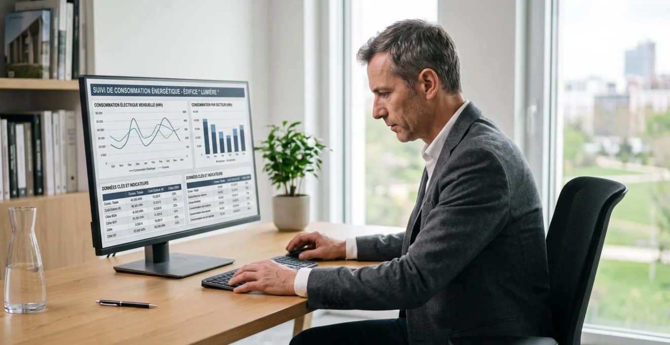Responsable technique analysant des tableaux de bord de consommation énergétique et de performance sur un écran d'ordinateur moderne dans un bureau professionnel contemporain