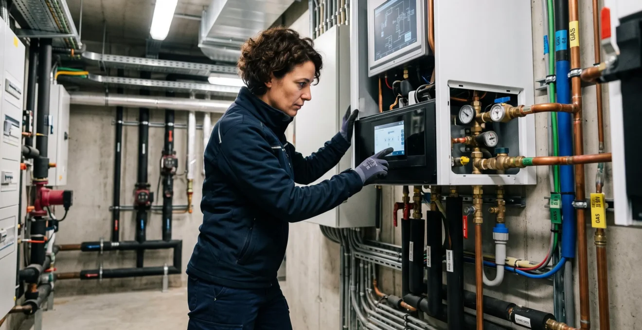 Technicien chauffagiste réglant les paramètres d'une chaudière à condensation performante dans le local technique d'un immeuble de bureaux lors d'une intervention de maintenance
