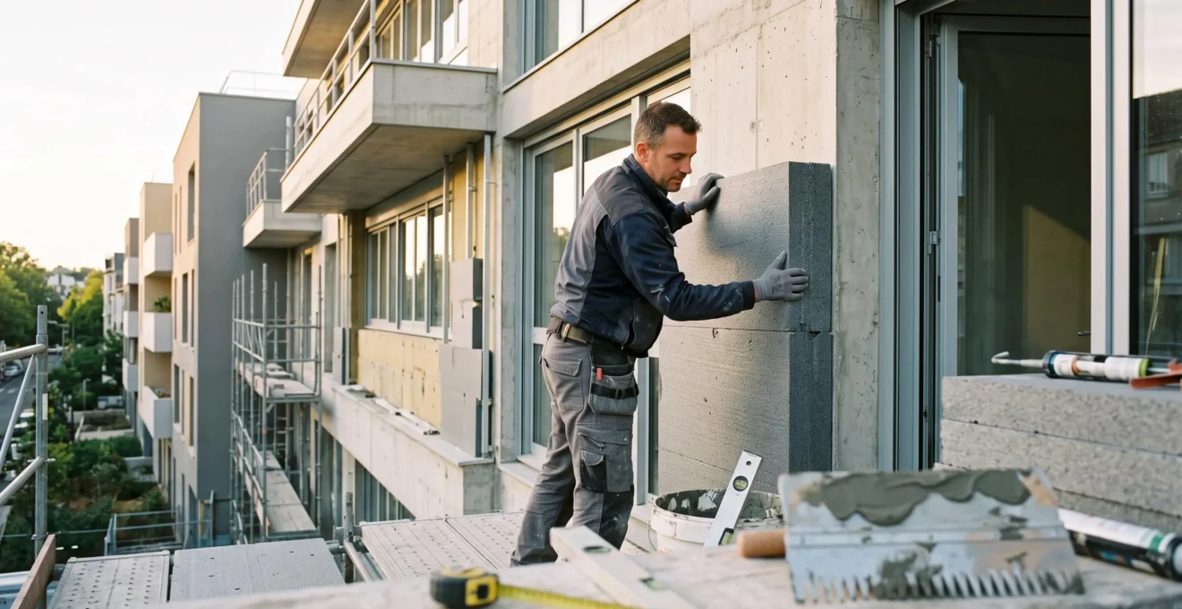 Technicien en tenue de travail installant des panneaux d'isolation thermique sur la façade d'un immeuble de bureaux moderne en cours de rénovation énergétique, outils de pose visibles au premier plan