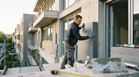 Technicien en tenue de travail installant des panneaux d'isolation thermique sur la façade d'un immeuble de bureaux moderne en cours de rénovation énergétique, outils de pose visibles au premier plan