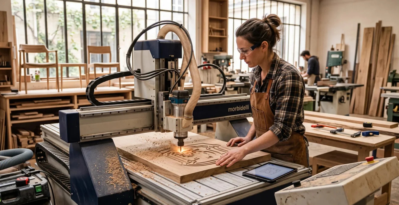 Artisan utilisant une fraiseuse numérique pour travailler le bois dans un atelier de menuiserie moderne.