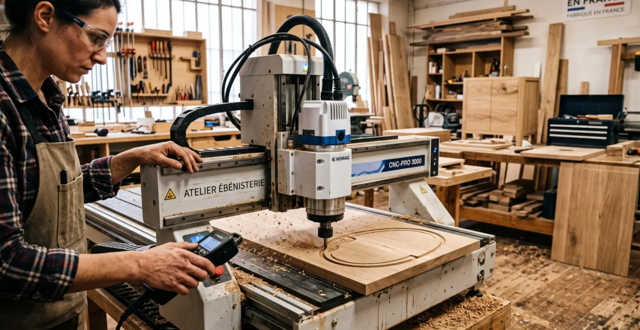 Opérateur utilisant une machine-outil CNC moderne dans un atelier industriel français.